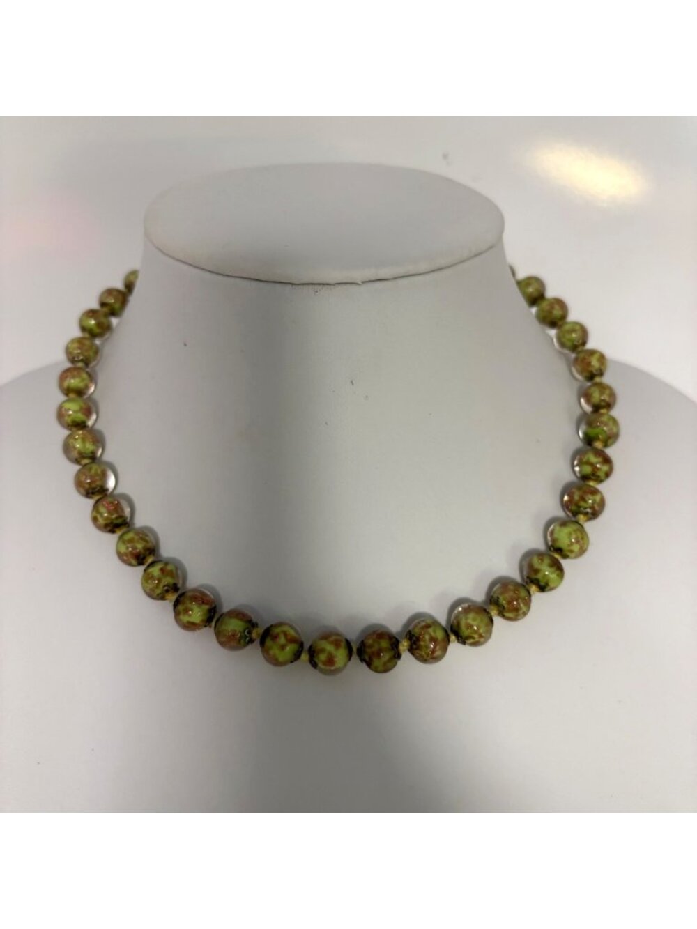 Murano Glass Beaded Necklace Transparent Green with Aventurina 17" Length